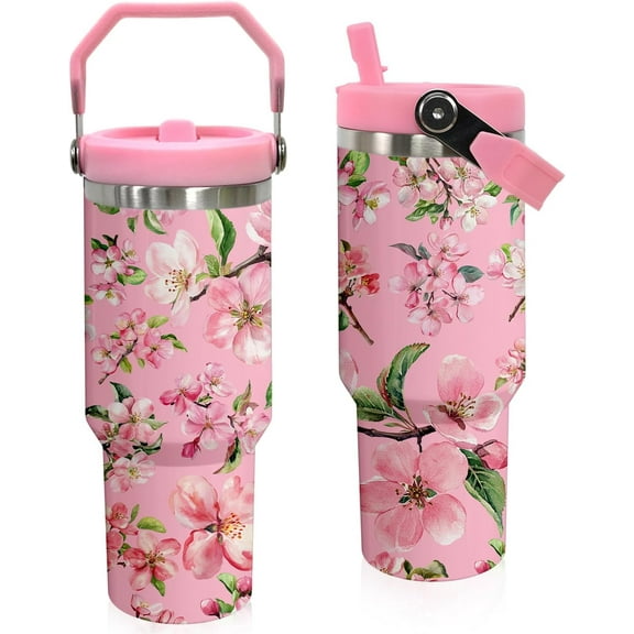 30 oz Tumbler with Handle Flip Straw Leak Proof - Pink Flowers Cup 30oz Tumbler Travel Coffee Mug with Handle - Birthday Gifts for Women Pink Floral Lovers 30 Ounce Stainless Steel Cup