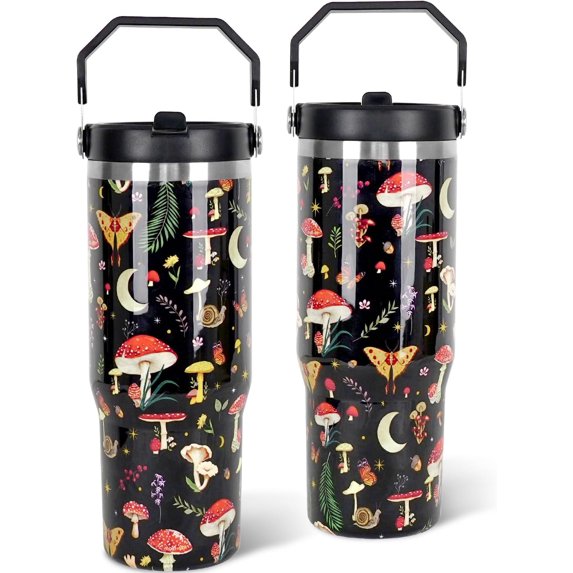 30 oz Tumbler with Handle and Flip Straw Lid Leak Proof Woodland Floral Butterfly Moon Star Stainless Steel Vacuum Insulated Travel Coffee Mug,Mushroom Gifts for Women Men,Boho Mushroom