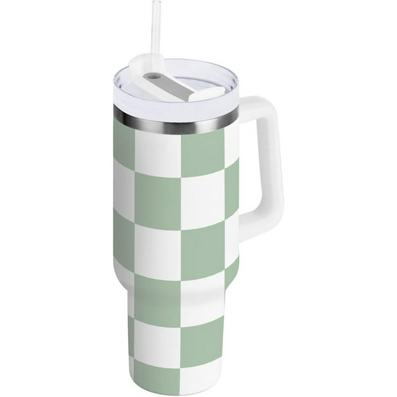 30 oz Tumbler with Handle Lid and Straw Insulated Water Tumbler Stainless Steel Water Cup Mug Bottle Reusable Cup Holder Friendly Checkered Green and White