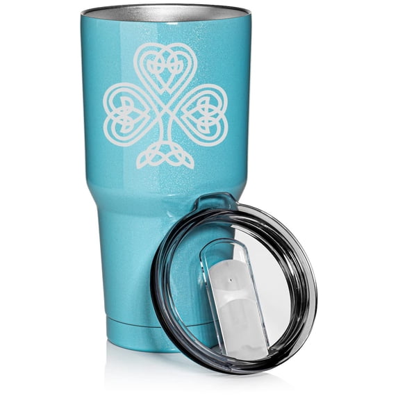 30 oz Tumbler Stainless Steel Vacuum Insulated Travel Mug Cup Celtic Clover Shamrock (Light Blue Glitter)