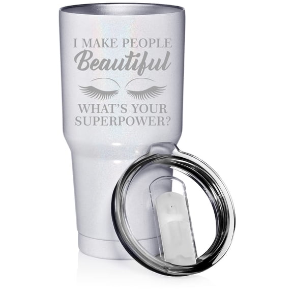 30 oz Tumbler Stainless Steel Vacuum Insulated Travel Mug Cup I Make People Beautiful What's Your Superpower Lash Makeup Artist Esthetician (White Glitter)