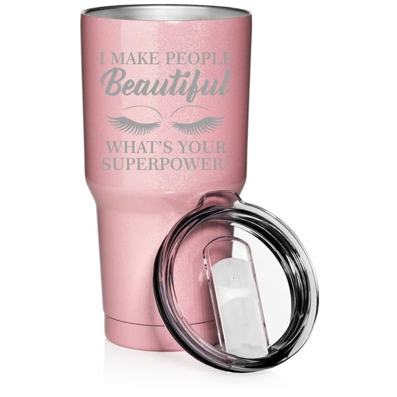 30 oz Tumbler Stainless Steel Vacuum Insulated Travel Mug Cup I Make People Beautiful What's Your Superpower Lash Makeup Artist Esthetician (Pink Glitter)