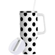 30 oz Tumbler with Straw & Handle - 2 in 1 Lids Leak Proof Tumblers - Large Insulated Stainless Steel Cup - BPA-Free Water Bottle Travel Metal Mug for Women Man,Black and White Polka Dot