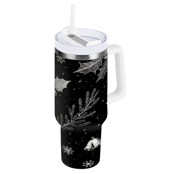 30 oz Tumbler With Handle Stainless Steel Insulated Tumbler With Lid for Car Cup Holder Black Holly Leaves