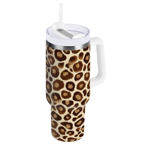30 oz Tumbler With Handle Stainless Steel Insulated Tumbler With Lid for Car Cup Holder Brown Leopard Print Pattern