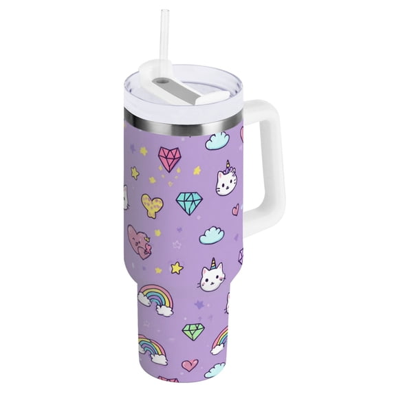 30 oz Tumbler With Handle Stainless Steel Insulated Tumbler With Lid for Car Cup Holder Cat Face and Rainbows Pattern