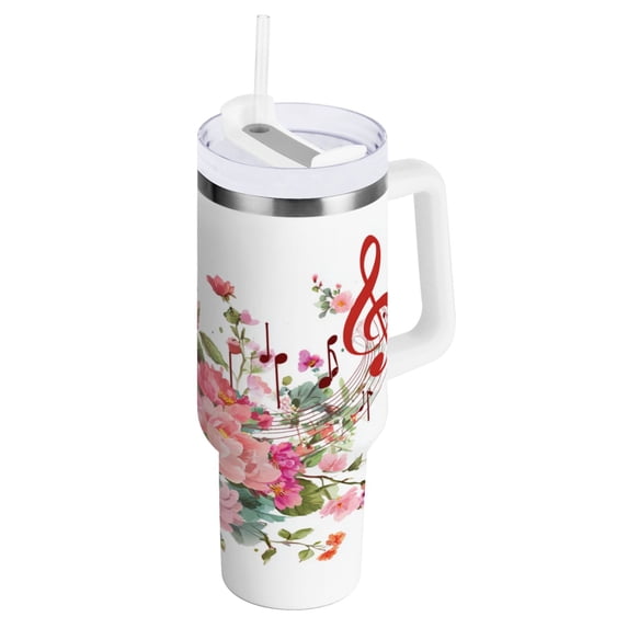 30 oz Tumbler With Handle Stainless Steel Insulated Tumbler With Lid for Car Cup Holder Colorful Musical Notes with Flowers