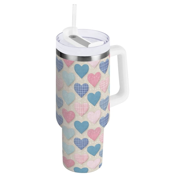 30 oz Tumbler With Handle Stainless Steel Insulated Tumbler With Lid for Car Cup Holder Gingham Heart-shaped Pattern