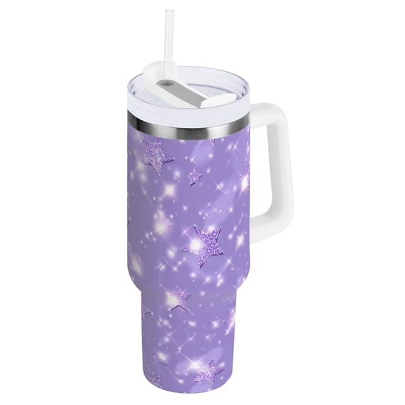 30 oz Tumbler With Handle Stainless Steel Insulated Tumbler With Lid for Car Cup Holder Lavender Glitter Stars Pattern