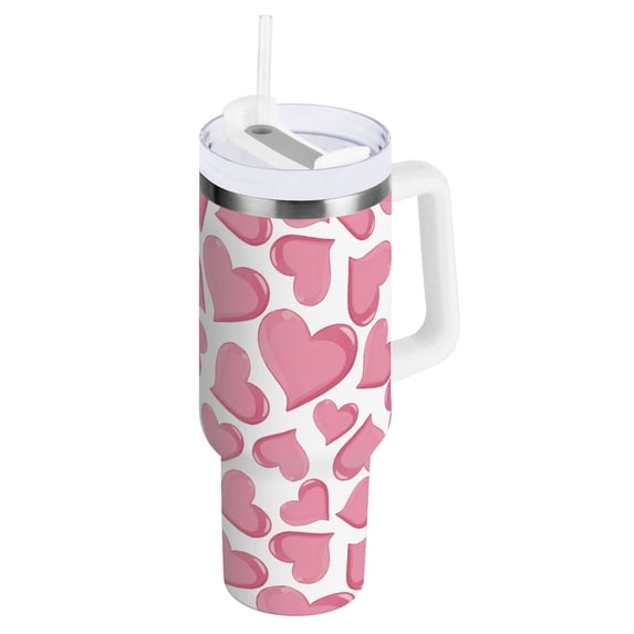 30 oz Tumbler With Handle Stainless Steel Insulated Tumbler With Lid for Car Cup Holder Pink Hearts Pattern