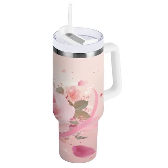 30 oz Tumbler With Handle Stainless Steel Insulated Tumbler With Lid for Car Cup Holder Pink Rose Pattern