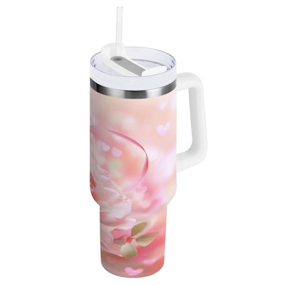 30 oz Tumbler With Handle Stainless Steel Insulated Tumbler With Lid for Car Cup Holder Pink Roses and Ribbons