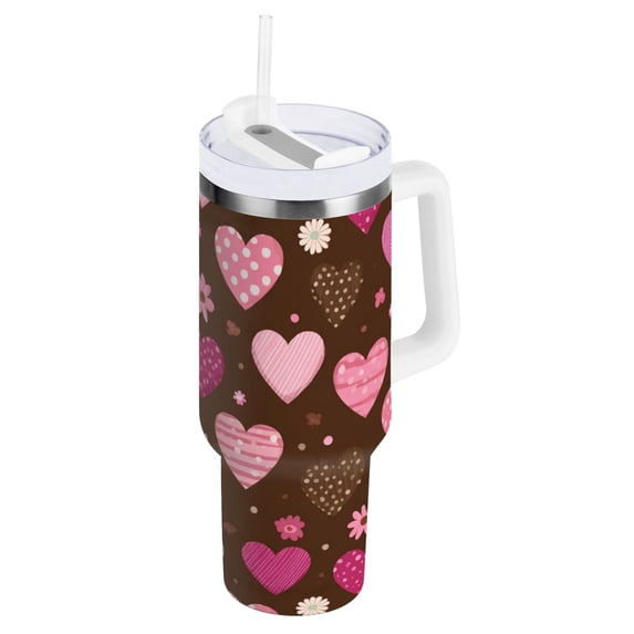 30 oz Tumbler With Handle Stainless Steel Insulated Tumbler With Lid for Car Cup Holder Pink and Brown Hearts Pattern