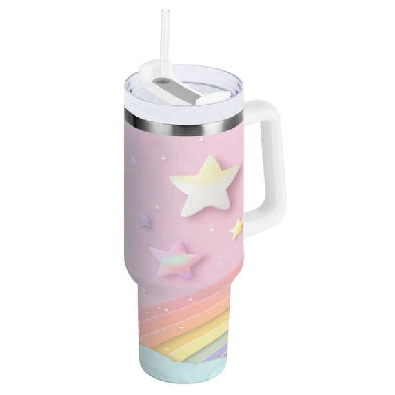 30 oz Tumbler With Handle Stainless Steel Insulated Tumbler With Lid for Car Cup Holder Rainbow Stars and Cloud Pattern