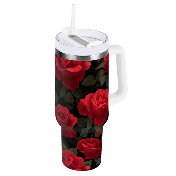 30 oz Tumbler With Handle Stainless Steel Insulated Tumbler With Lid for Car Cup Holder Red Roses Pattern