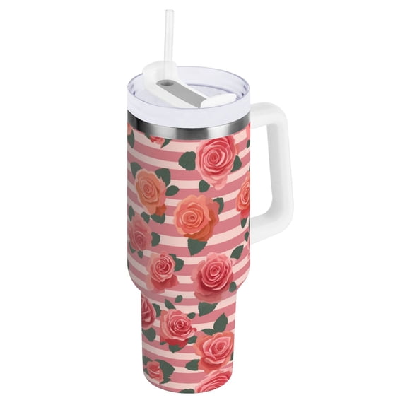 30 oz Tumbler With Handle Stainless Steel Insulated Tumbler With Lid for Car Cup Holder Roses and Stripes Pattern