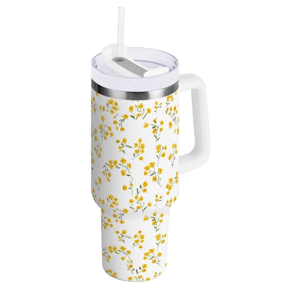 30 oz Tumbler With Handle Stainless Steel Insulated Tumbler With Lid for Car Cup Holder Small Yellow Floral Pattern