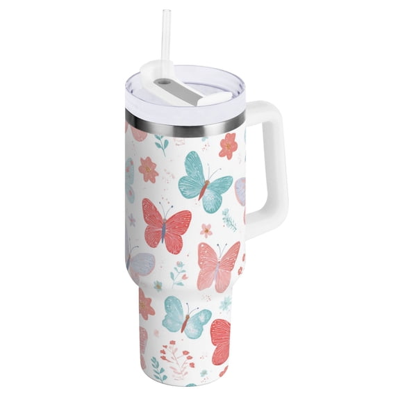 30 oz Tumbler With Handle Stainless Steel Insulated Tumbler With Lid for Car Cup Holder Spring Butterflies and Flowers