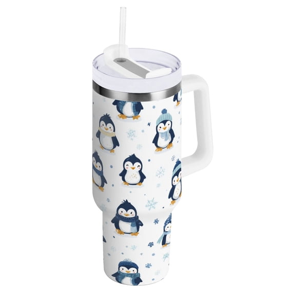 30 oz Tumbler With Handle Stainless Steel Insulated Tumbler With Lid for Car Cup Holder Various Poses Penguin Patterns
