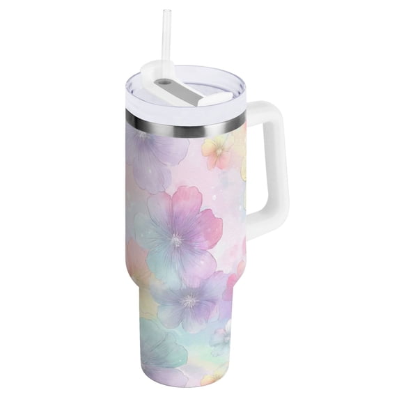 30 oz Tumbler With Handle Stainless Steel Insulated Tumbler With Lid for Car Cup Holder Watercolor Pastel Rainbow Flowers