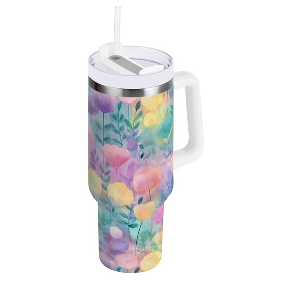 30 oz Tumbler With Handle Stainless Steel Insulated Tumbler With Lid for Car Cup Holder Watercolor Rainbow Flowers