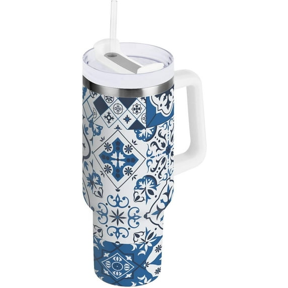 30 oz Tumbler with Handle Lid and Straw Insulated Water Tumbler Stainless Steel Water Cup Mug Bottle Reusable Cup Holder Friendly Blue Ceramic Tile