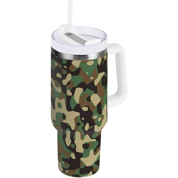 30 oz Tumbler with Handle Lid and Straw Insulated Water Tumbler Stainless Steel Water Cup Mug Bottle Reusable Cup Holder Friendly Camouflage Green