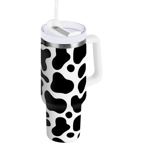30 oz Tumbler with Handle Lid and Straw Insulated Water Tumbler Stainless Steel Water Cup Mug Bottle Reusable Cup Holder Friendly Cow Print