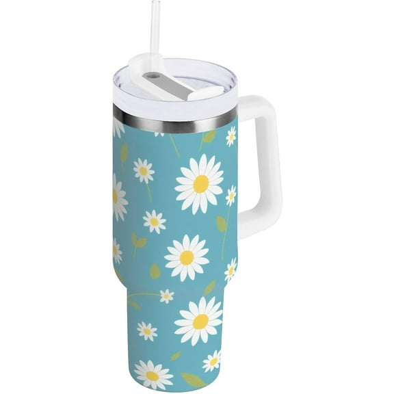 30 oz Tumbler with Handle Lid and Straw Insulated Water Tumbler Stainless Steel Water Cup Mug Bottle Reusable Cup Holder Friendly Daisy Flowers Blue