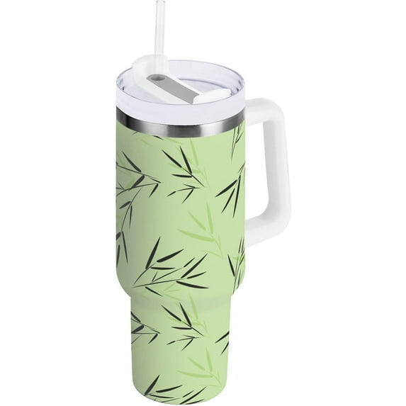 30 oz Tumbler with Handle Lid and Straw Insulated Water Tumbler Stainless Steel Water Cup Mug Bottle Reusable Cup Holder Friendly Green Bamboo Leaves