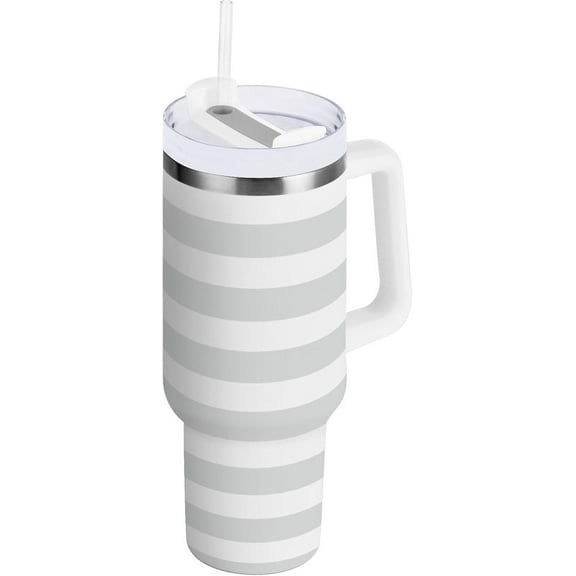 30 oz Tumbler with Handle Lid and Straw Insulated Water Tumbler Stainless Steel Water Cup Mug Bottle Reusable Cup Holder Friendly Grey Stripes