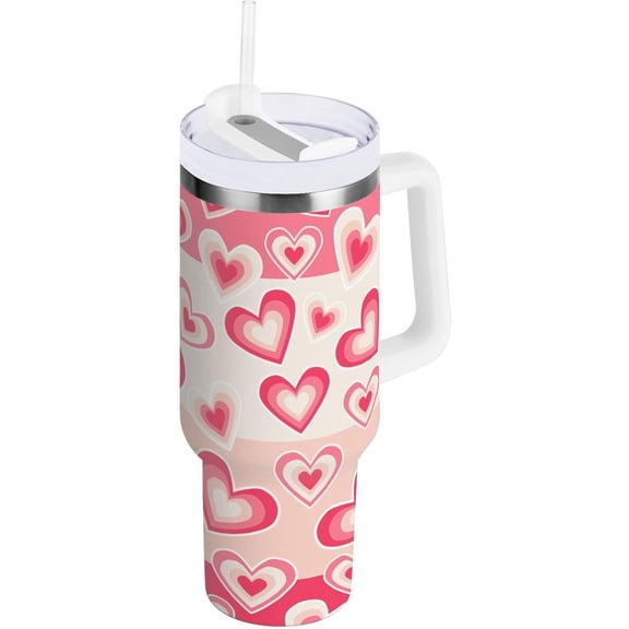 30 oz Tumbler with Handle Lid and Straw Insulated Water Tumbler Stainless Steel Water Cup Mug Bottle Reusable Cup Holder Friendly Hearts Pink