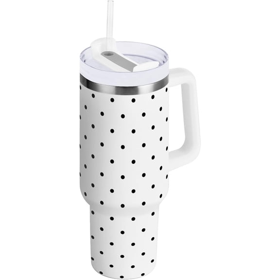 30 oz Tumbler with Handle Lid and Straw Insulated Water Tumbler Stainless Steel Water Cup Mug Bottle Reusable Cup Holder Friendly Polka Dot White
