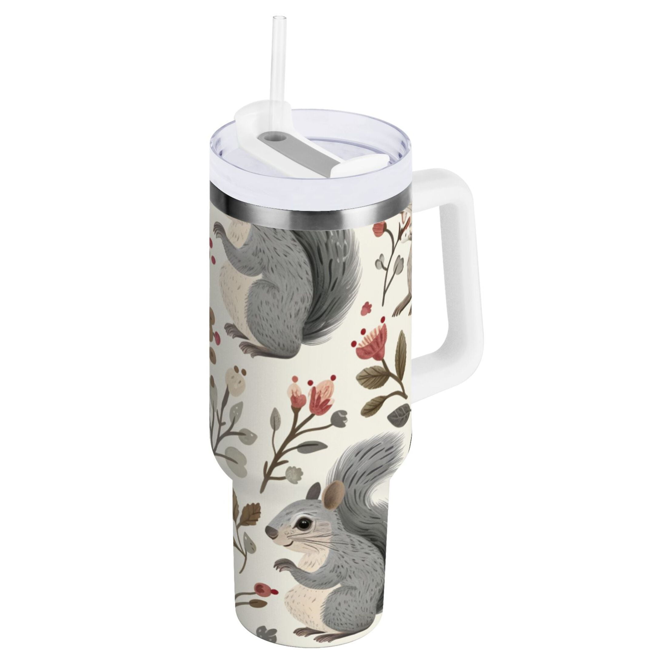 30 oz Tumbler with Handle and Straw Lid Cute Squirrels with Plant ...