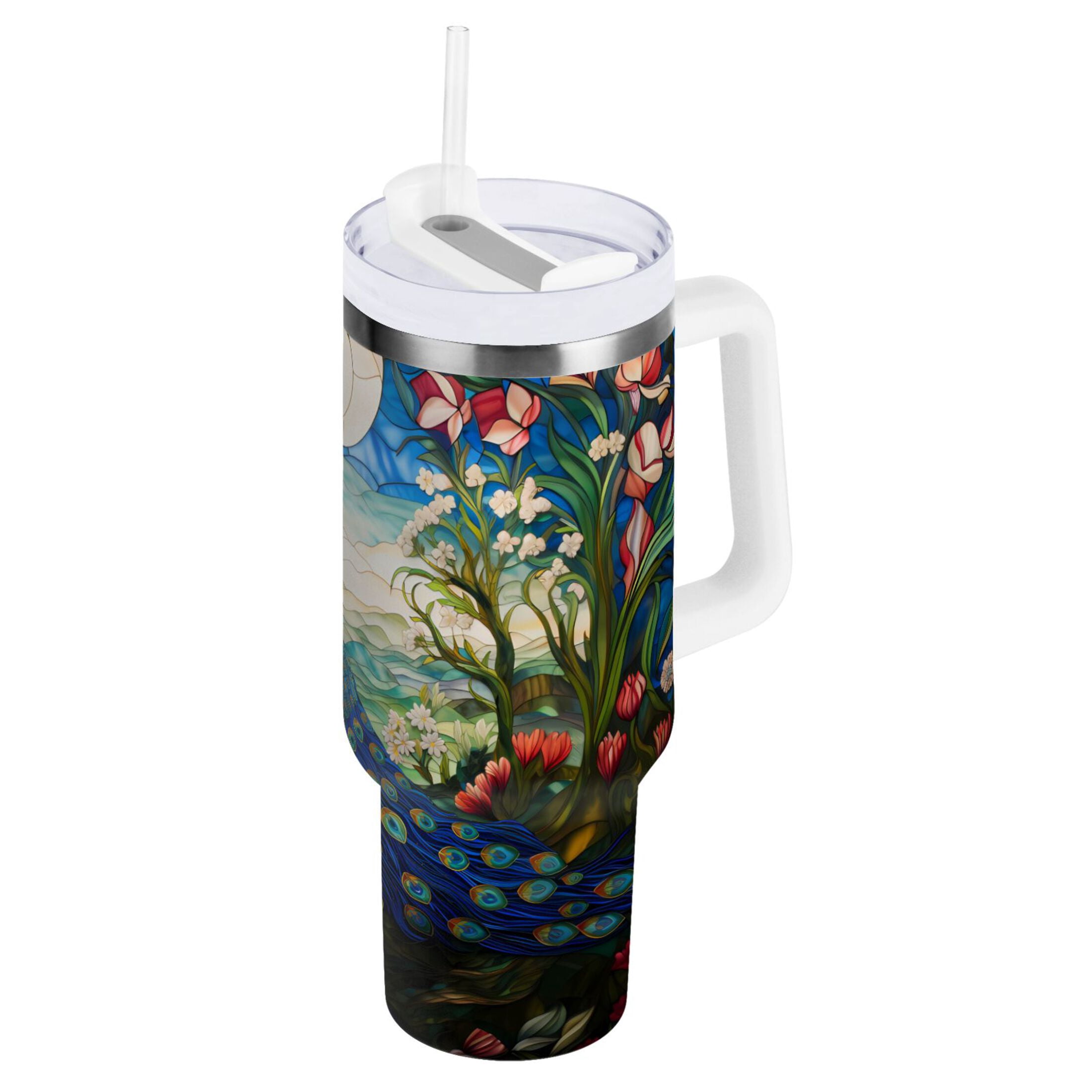 30 oz Insulated Teal Tumbler with Removable Argentina Cow Leather Feather Tooled Sleeve.