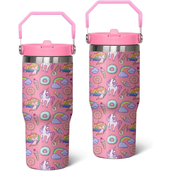 30 oz Unicorn Tumbler with Handle, Large Insulated Tumbler with Flip & Straw Coffee Mug Cup Stainless Steel Gifts for Women Men Youth