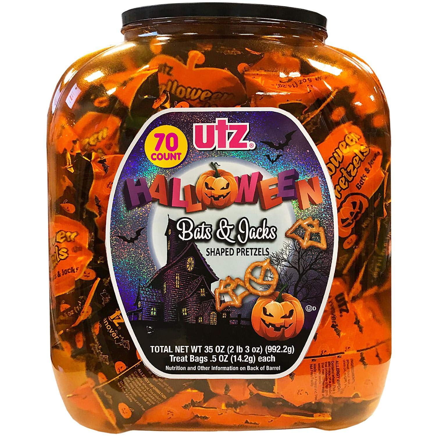 30 oz Utz Halloween Bats & Jacks Shaped Pretzels Barrel