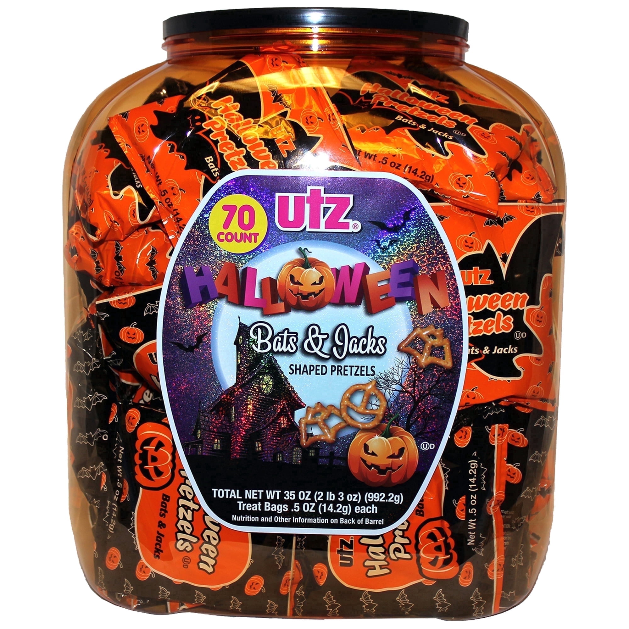 30 oz Utz Halloween Bats & Jacks Shaped Pretzels Barrel