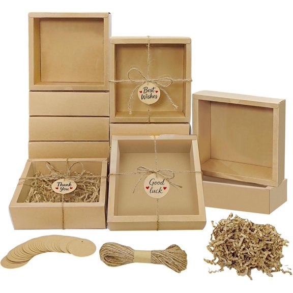 30-pack kraft paper drawer-style gift boxes, easy to assemble, durable, portable windowed boxes with tags and rope, suitable for gift wrapping, party favors, retail displays and commercial packaging.