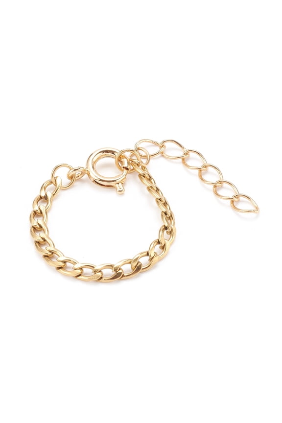 30 pc Adjustable 304 Stainless Steel Curb Chain Finger Rings with Brass Spring Ring Clasps Golden US Size 6 1/4(16.7mm)