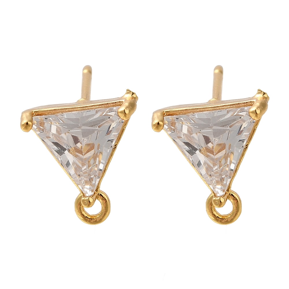 30 pc Brass Clear Cubic Zirconia Stud Earrings Finding for Women Triangle with Loop Real 18K Gold Plated 10x9mm Hole: 1.2mm Pin: 0.7x12mm
