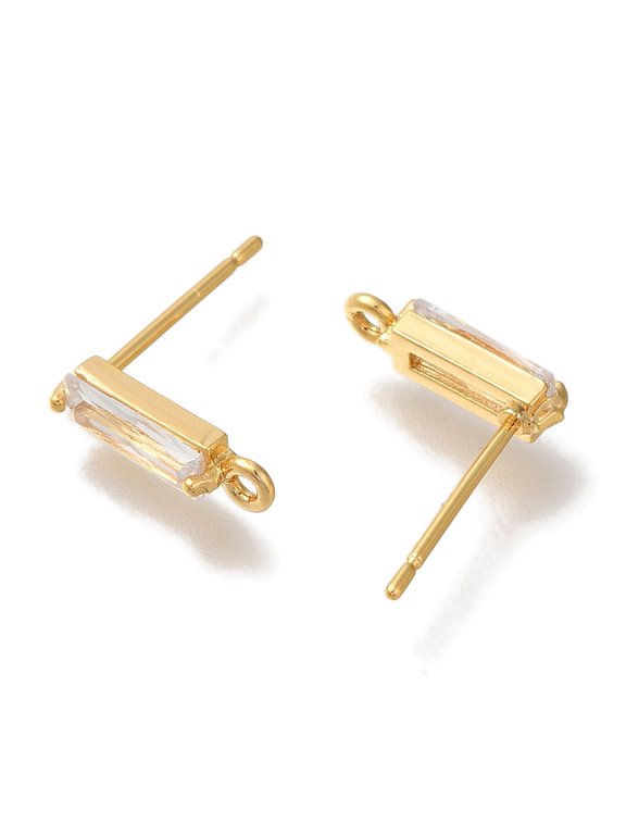 30 pc Brass Clear Cubic Zirconia Stud Earrings Finding for Women with Loop Rectangle Real 18K golden Plated 12x3mm Hole: 1mm Pin: 0.7mm
