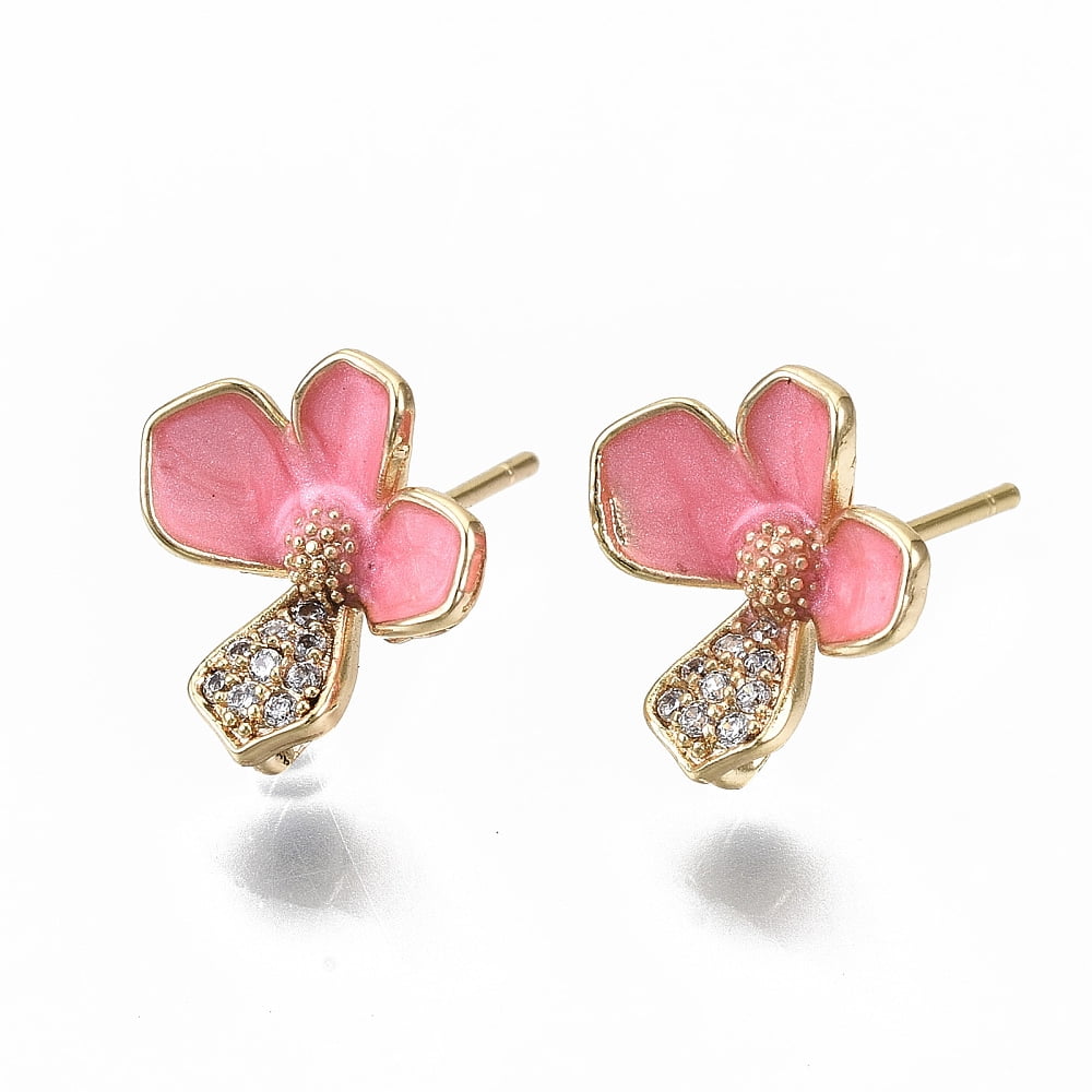 30 pc Brass Enamel Micro Clear Cubic Zirconia Stud Earring Findings with Loop Nickel Free Pink Flower Real 18K Gold Plated 12x11mm Hole: