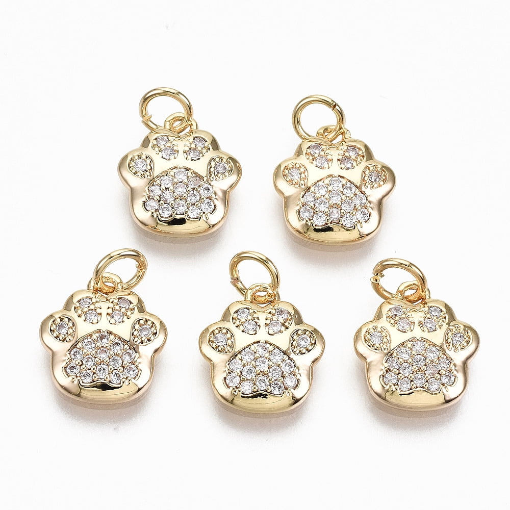 30 pc Brass Micro Pave Clear Cubic Zirconia Charms Dog Paw Prints Real 18K Gold Plated 11.5x10.5x2.5mm Jump Ring: 4.5x0.7 Inner Diameter: 3mm