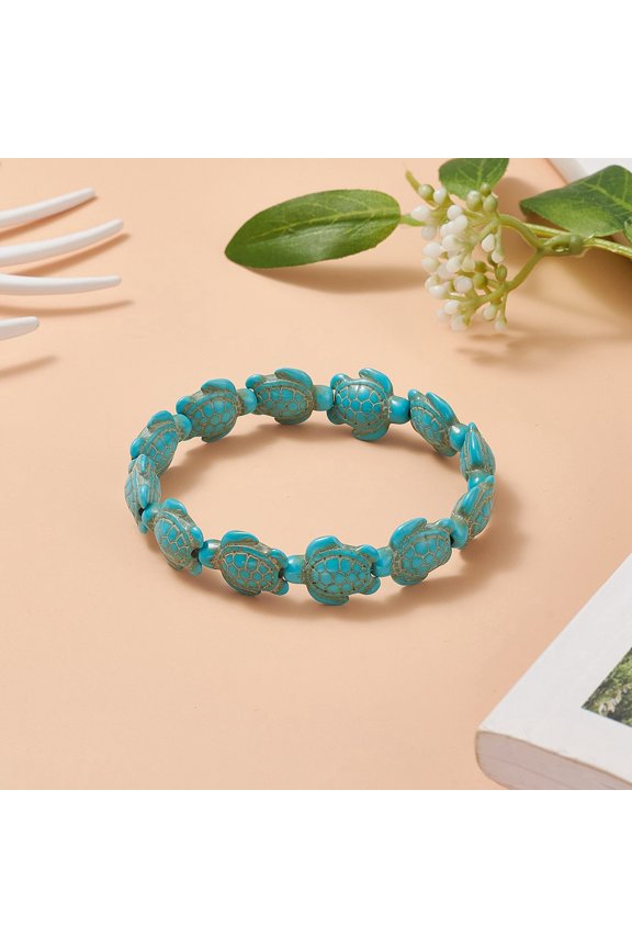 30 pc Dyed Sea Turtle Beaded Stretch Bracelets for Women Turquoise(Dyed) Inner Diameter: 2-3/8 inch(6.1cm)