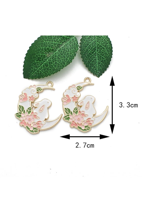 30 pc Easter Alloy Enamel Pendants Moon & Rabbit & Flower Charms Pink 33x27mm