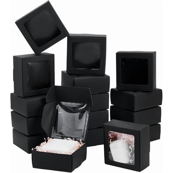 30 pc Foldable Creative Kraft Paper Mailer Boxes with Visible Window Shipping Boxes Square Black 9.1x9.1x4cm for Handmade