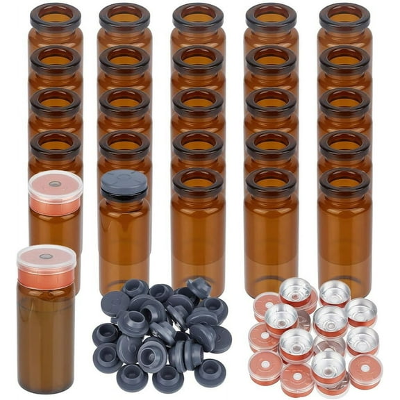30 pc Glass Lab Sample Vials with Butyl Stopper & Plastic Top Cap Coconut Brown 55x21.5mm Capacity: 10ml(0.34fl. oz)