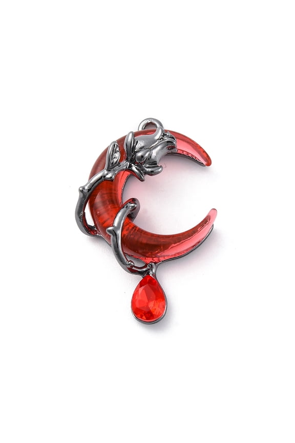 30 pc Gothic Alloy Resin Pendants Moon with Rose Charm with Rhinestone Rack Plating Gunmetal Red 33x21x10mm Hole: 1.8mm
