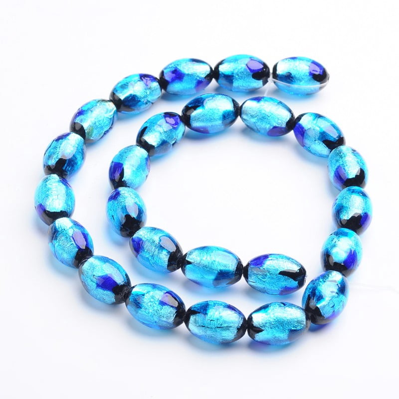 30 pc Handmade Silver Foil Glass Oval Beads Dodger Blue 12x8mm Hole: 1mm
